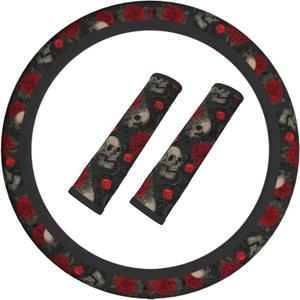 Halloween Skull Steering Wheel Cover Elastic Non-Slip Car Steering Wheel Covers with Seat Belt Shoulder Pad for Women Men