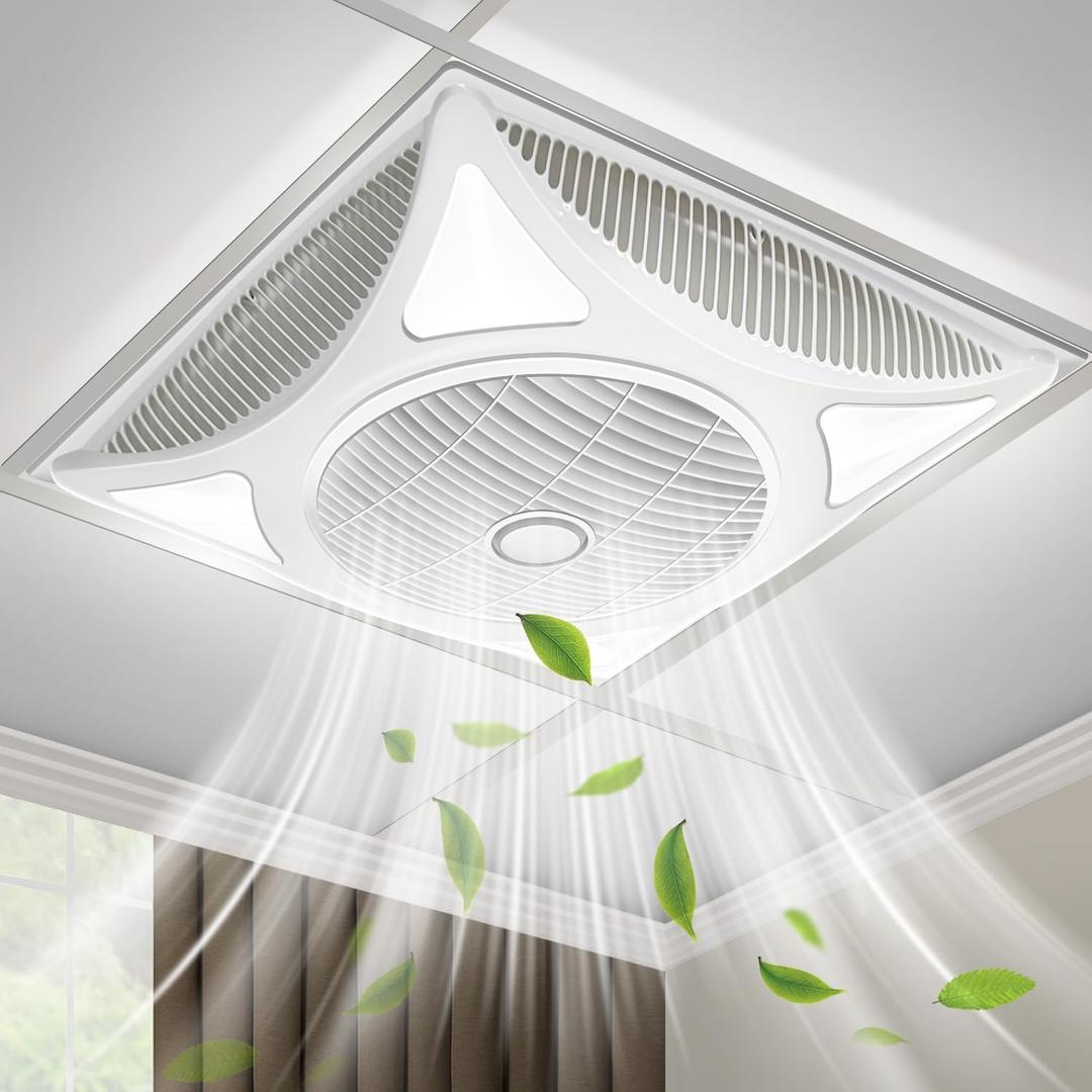 Drop Ceiling Fan with LED Lights, Flush Mount Ceiling Fans with 6 Wind Speeds and Timer, Low Profile Square Fan for Office Ventilation and Lighting, 600*600mm