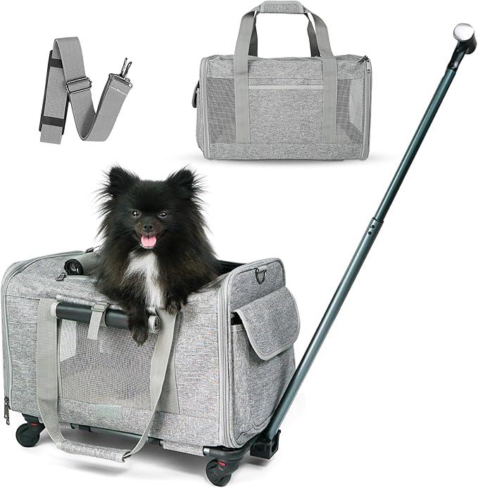 Pet Carrier With Wheels for Dogs Up To 15lbs – Airline Approved Dog Carrier - Rolling Pet Carrier w/ Removable Wheels & Washable Plush Mat – Cat Travel Carrier w/ Telescopic Handle & Shoulder Strap