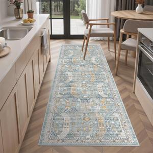 Madane Washable Runner Rug - 2x6 Rug Runners for Hallways 6 Feet Non Slip Vintage Kitchen Runner Rug Ultra-Thin Bathroom Runner Rugs Carpet Laundry Room Bedroom (2x6ft, Blue/Gold)