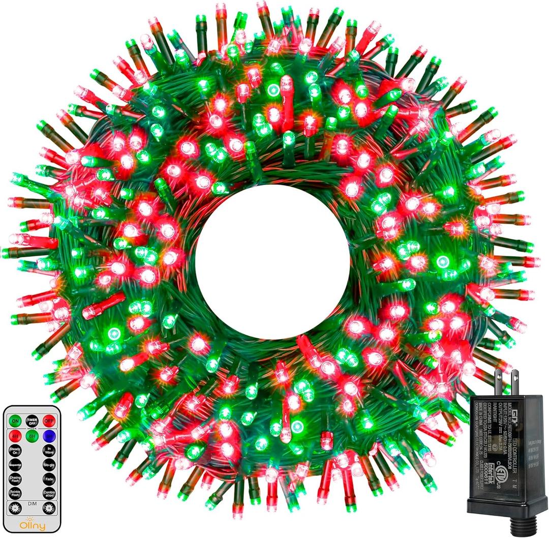 Ollny Christmas Lights, 500LED 164FT Long Christmas Tree Lights with 8 Modes Remote Timer IP44 Waterproof, Outdoor Christmas Lights for Tree House Yard Outside Xmas Decorations (Red+Green)