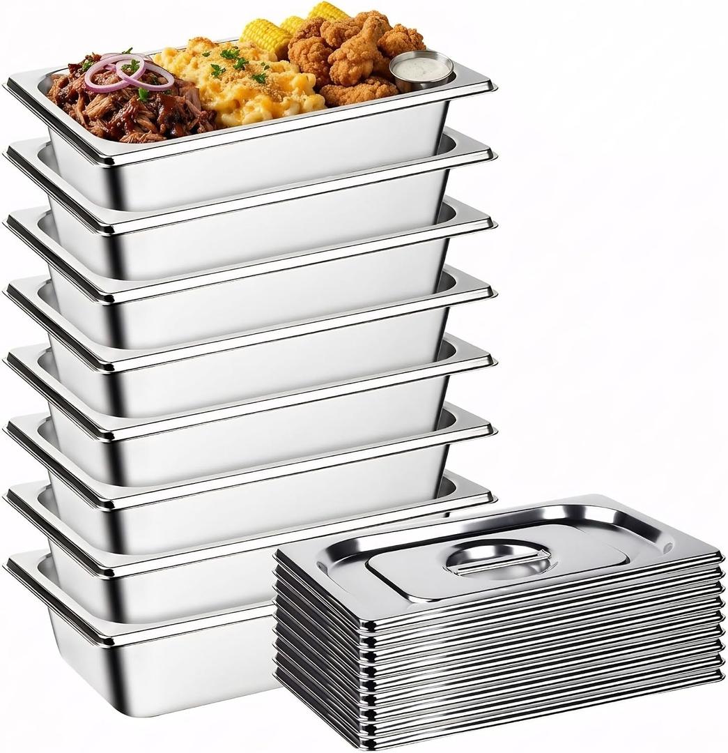 8Pack Hotel Pans, Steam Table Pans Stainless Steel Hotel Pans with Lids, 1/4 Size Catering Pans 2.55" Deep Anti-Jam Stackable Steam Pans Dishwasher & Oven Safe, for Catering Buffet Commercial Use