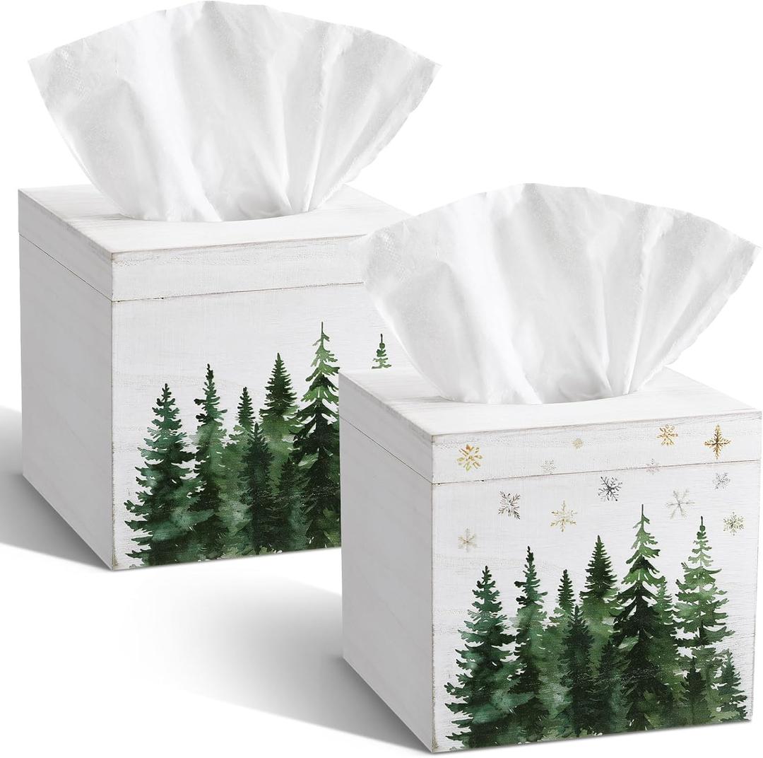 2 Pcs Christmas Tissue Boxes Cover 6 Inch Christmas Winter Holiday Xmas Pine Trees Square Tissue Case Cover Holder T for Square Wooden Decorative for Home Living Room Bathroom Office Decor