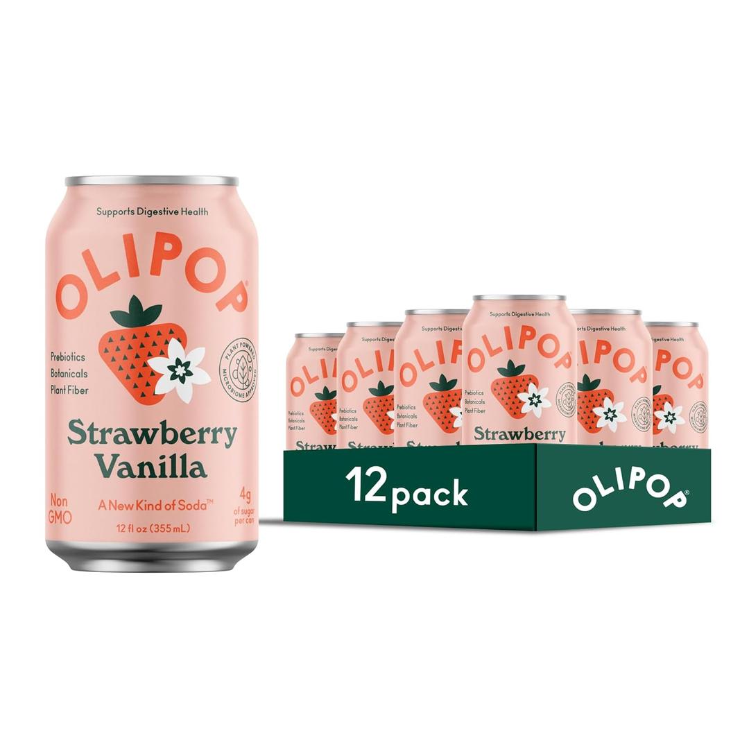 OLIPOP Prebiotic Soda Pop, Strawberry Vanilla, Pantry Pack Packed with Prebiotics, Fiber, and Botanicals, Gluten Free, Vegan, GMO Free, 12oz (12-Cans)