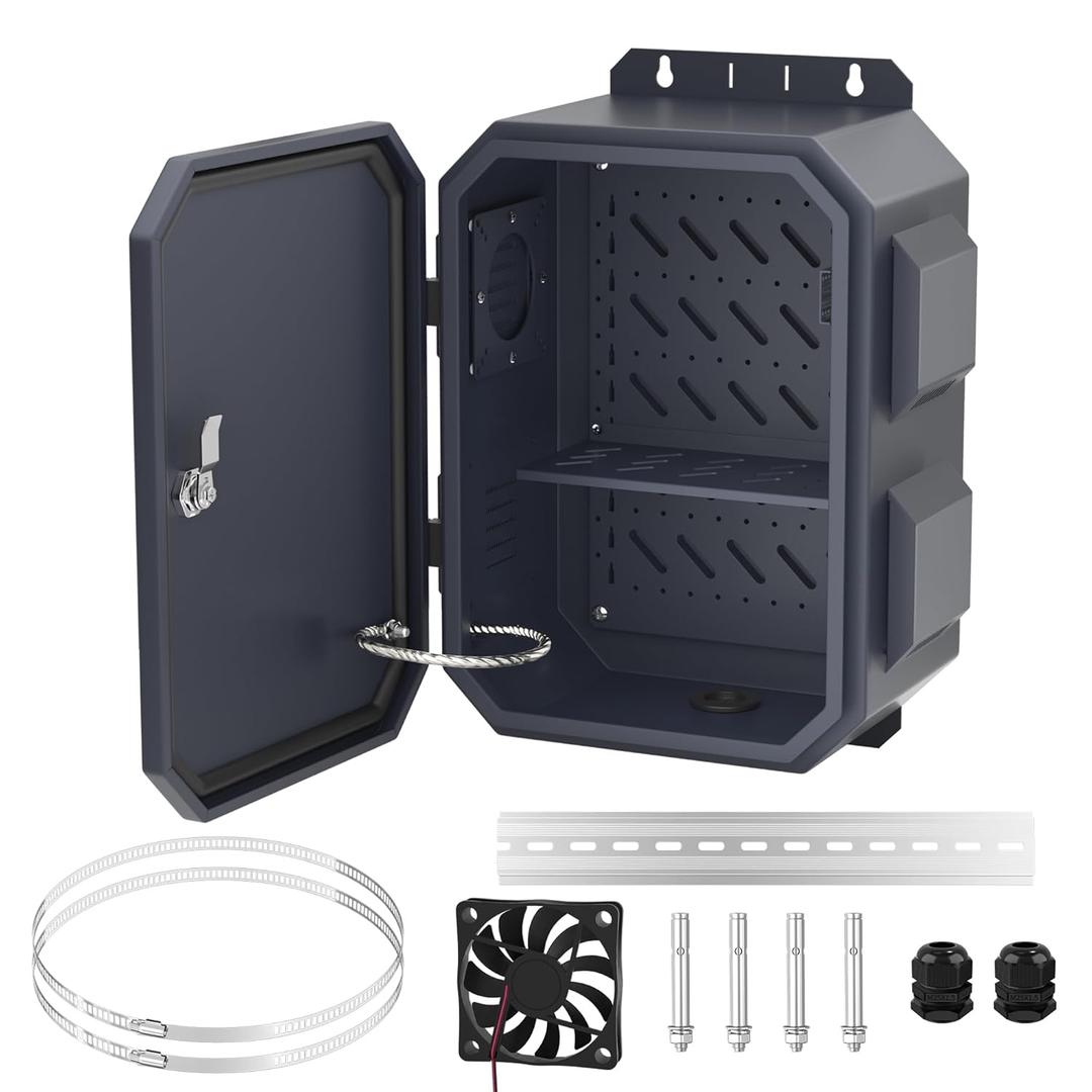Joinfworld Outdoor Electrical Box, Metal Outdoor Enclosure Box Waterproof IP65 Junction Vented Enclosure Weatherproof with Cold-Rolled Steel Plate Fan Din Rail Cable Gland 15.7"x11.8"x7.9"
