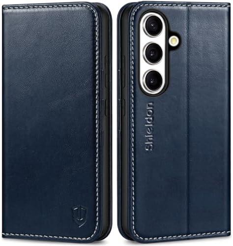 SHIELDON Case for Galaxy S25 5G 6.2", Genuine Leather Wallet Flip Book RFID Blocking Card Holder Kickstand Shock Absorbing Protection Case Compatible with Galaxy S25 2025 - Retro Dark Blue