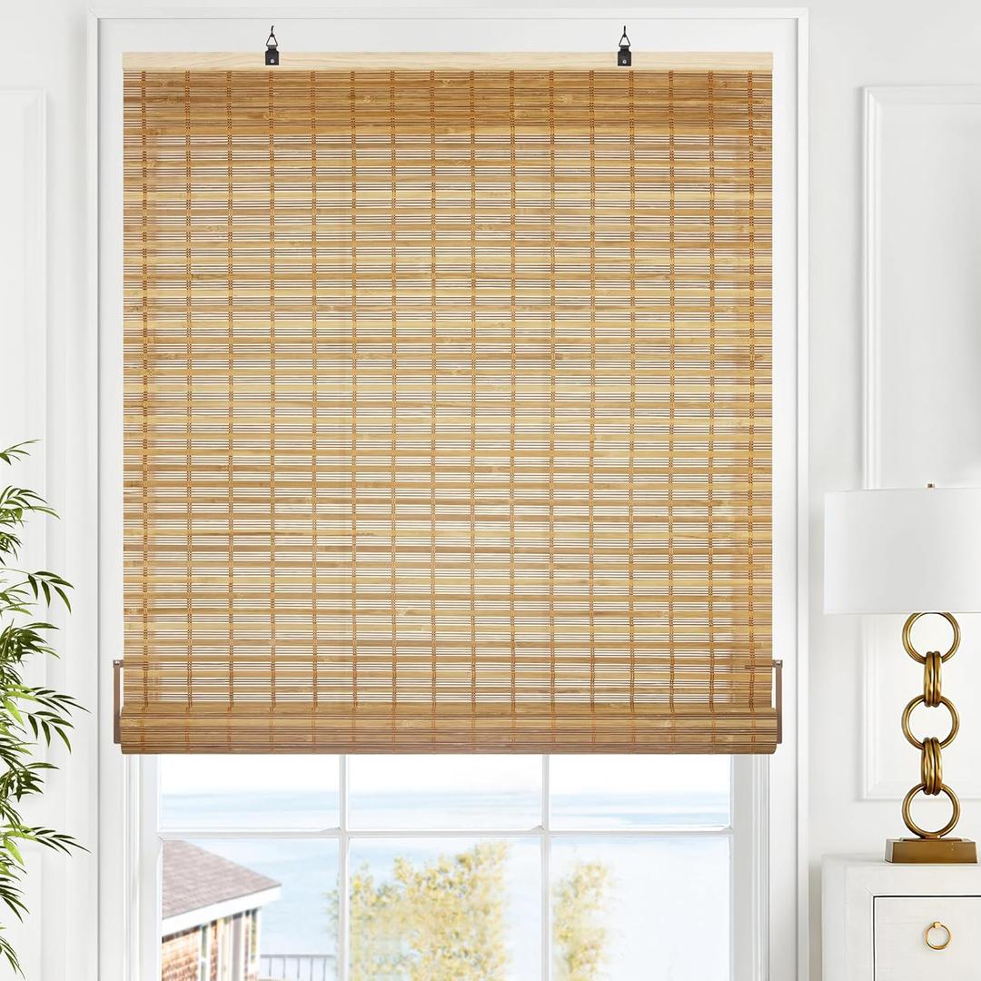 LazBlinds Cordless Bamboo Blinds, Roll Up Shades for Windows, Light Filtering Hanging Window Blinds, Bamboo Shades for Patio Indoor/Outdoor Porch, 33'' W x 64'' H, Squirrel