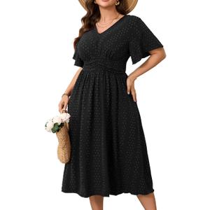 RWJ Women's Plus Size Maxi Dress V Neck Short Sleeve Swiss Dot A Line High Waist Boho Swing Casual Summer Dresses Size 1XL