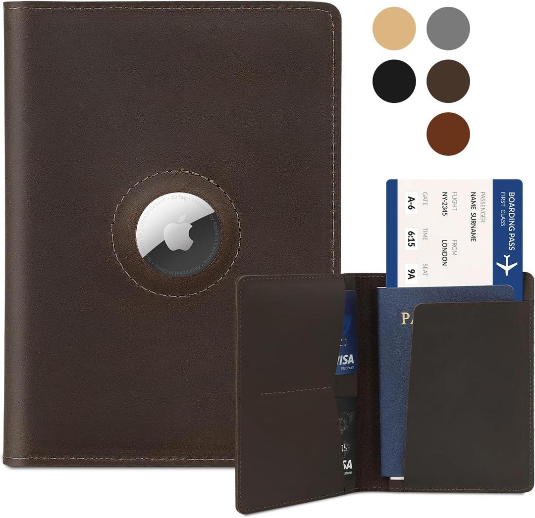 Airtag Passport Holder for Men and Women Travel, Real Leather Passport Wallet, Handmade Passport Cover Case with Airtag Slot, Travel Must Haves Essentials Accessories Birthday Gift(Crazy Horse,Coffee)