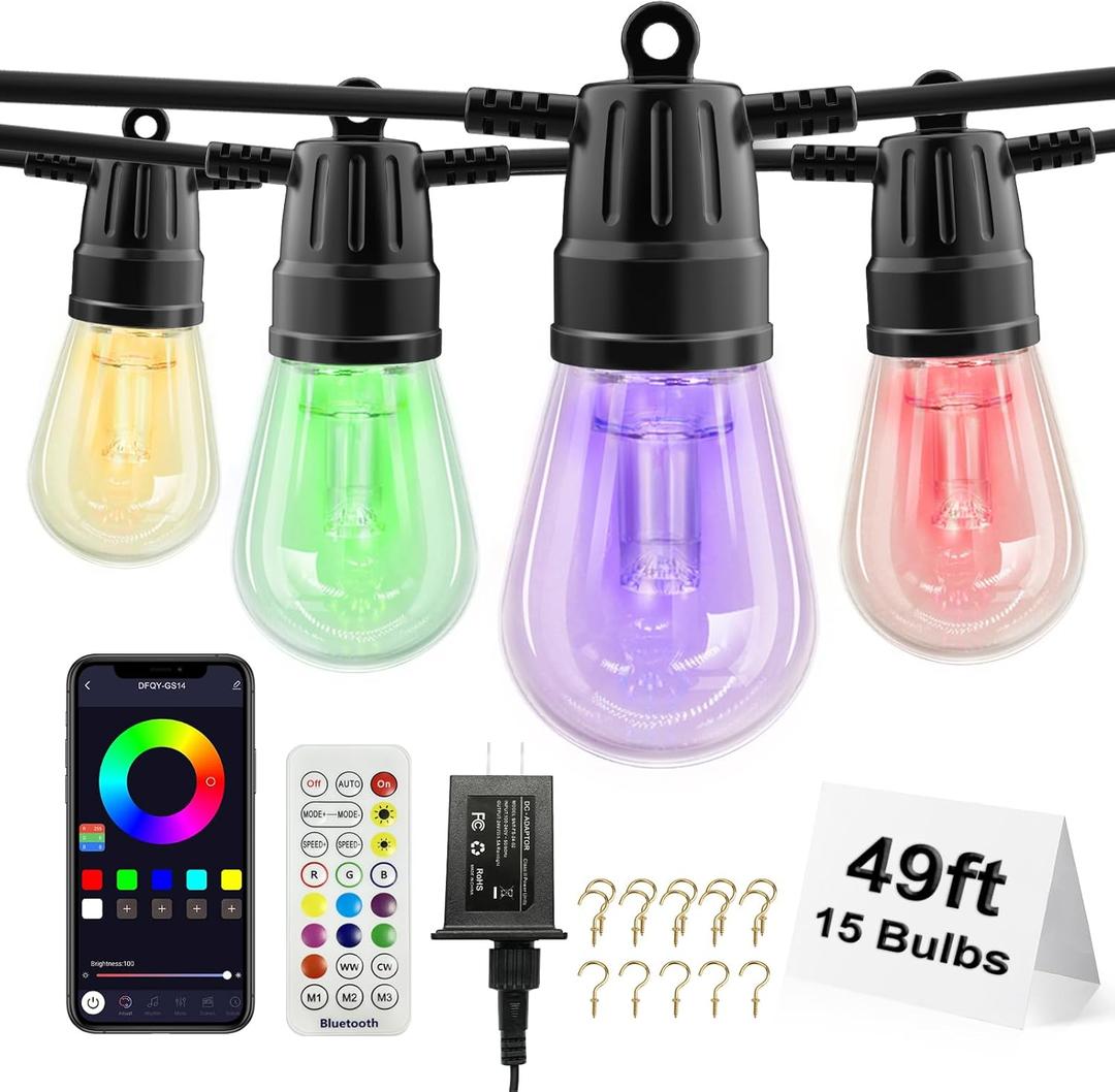 Voneta Outdoor RGBW String Lights, 49ft 15 Bulbs Patio Lights with Remote & APP, S14 Dimmable Color Changing IP68 Waterproof Dimmable LED Hanging for Garden Yard Porch Party