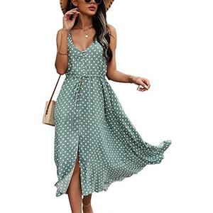 BROVAVE Women's 2025 Summer Casual Boho Sundress Polka Dot Spaghetti Strap V Neck Flowy Midi Dresses L/XL