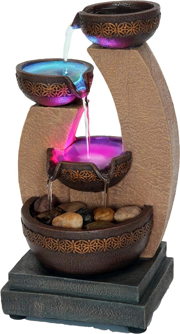11" H Golden Tiered Bowl Fountain with Color Changing LED Lights with Adapter Brown