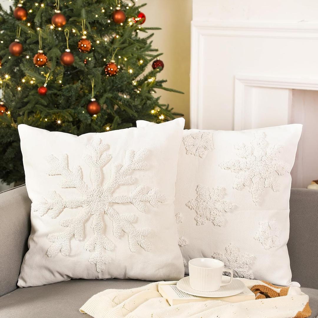 2 Pcs Snowflake Pillow Covers 18x18 Inch Christmas Winter Pillow Covers 3D Tufted White Snowflake Throw Pillows Cases Embroidery Christmas Pillowcase for Couch Sofa Bed Room Xmas Holiday Decor