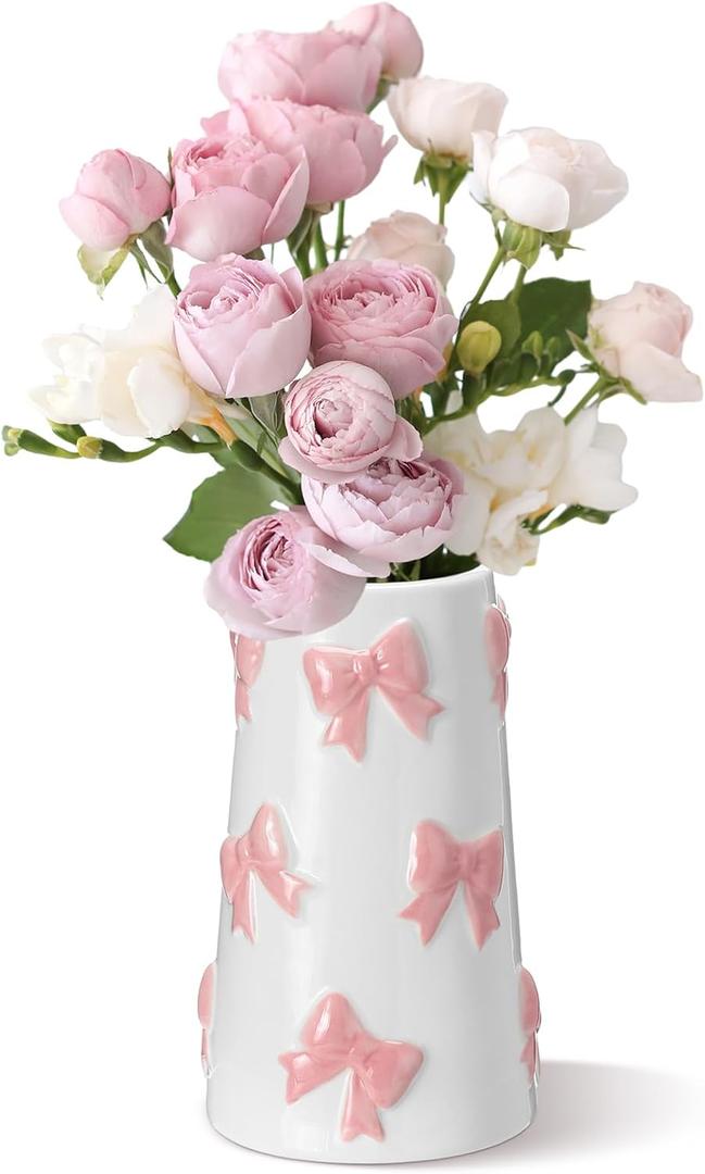 Chunful Embossed Pink Bow Ceramic Vase for Home Decor 7.1 Inch Cute Coquette Gifts for Women Girls Modern Decorative Bouquet Flower White Vases for Living Room Table Decor