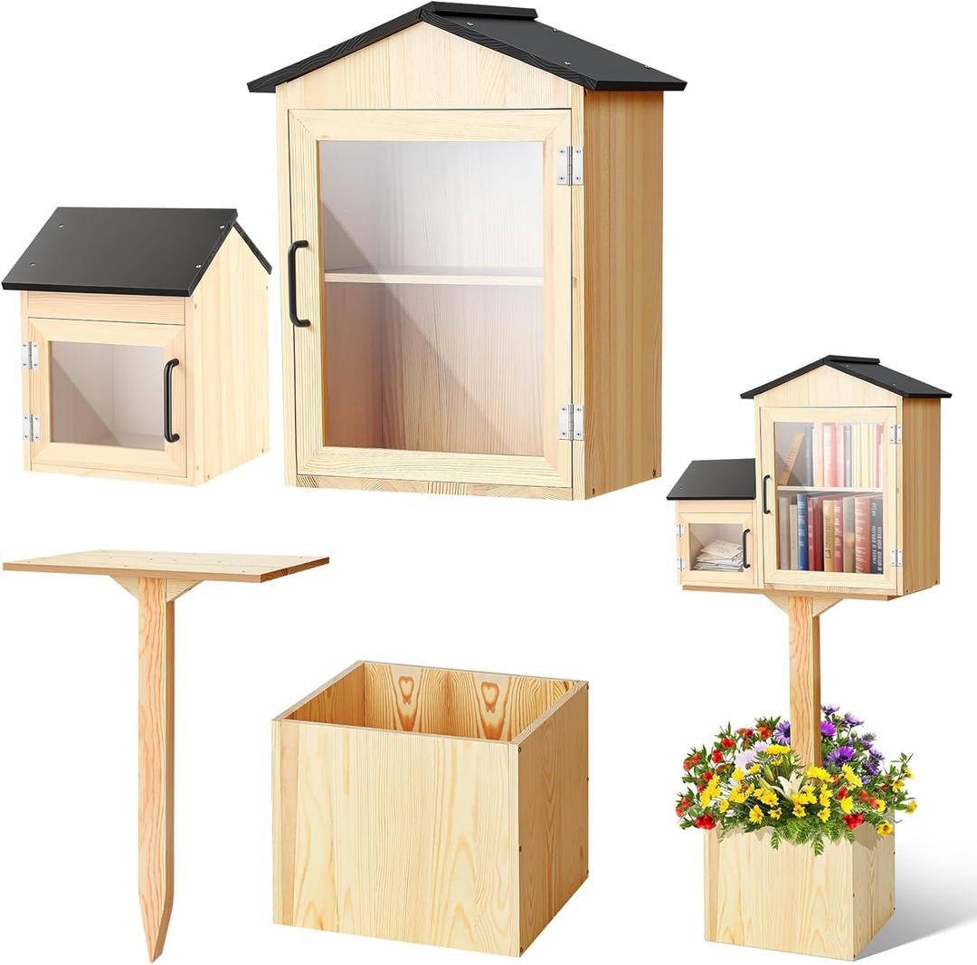 Wonderjune Outdoor Library Box Kit with Planter Base, Wooden Book Exchange Box with Small Side, 35.4 in Stake, Transparent Doors, DIY Paintable Book Sharing for Yard Garden School Community, 18.9" x 15.7" x 11"