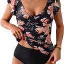 Aidonger Tankini Swimsuit for Women Tummy Control Two Piece Bathing Suit Ruched Ruffle Swimwear Top with Bottom, Large
