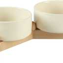 Ceramic 5.1inch Raised Double Bowls Set with Wooden Stand, Elevated Food & Water Bowls for Small Breed Dogs, Cats, Kitty, Weighted Dog Dishes, Pet Bowls(13.5oz, Beige)