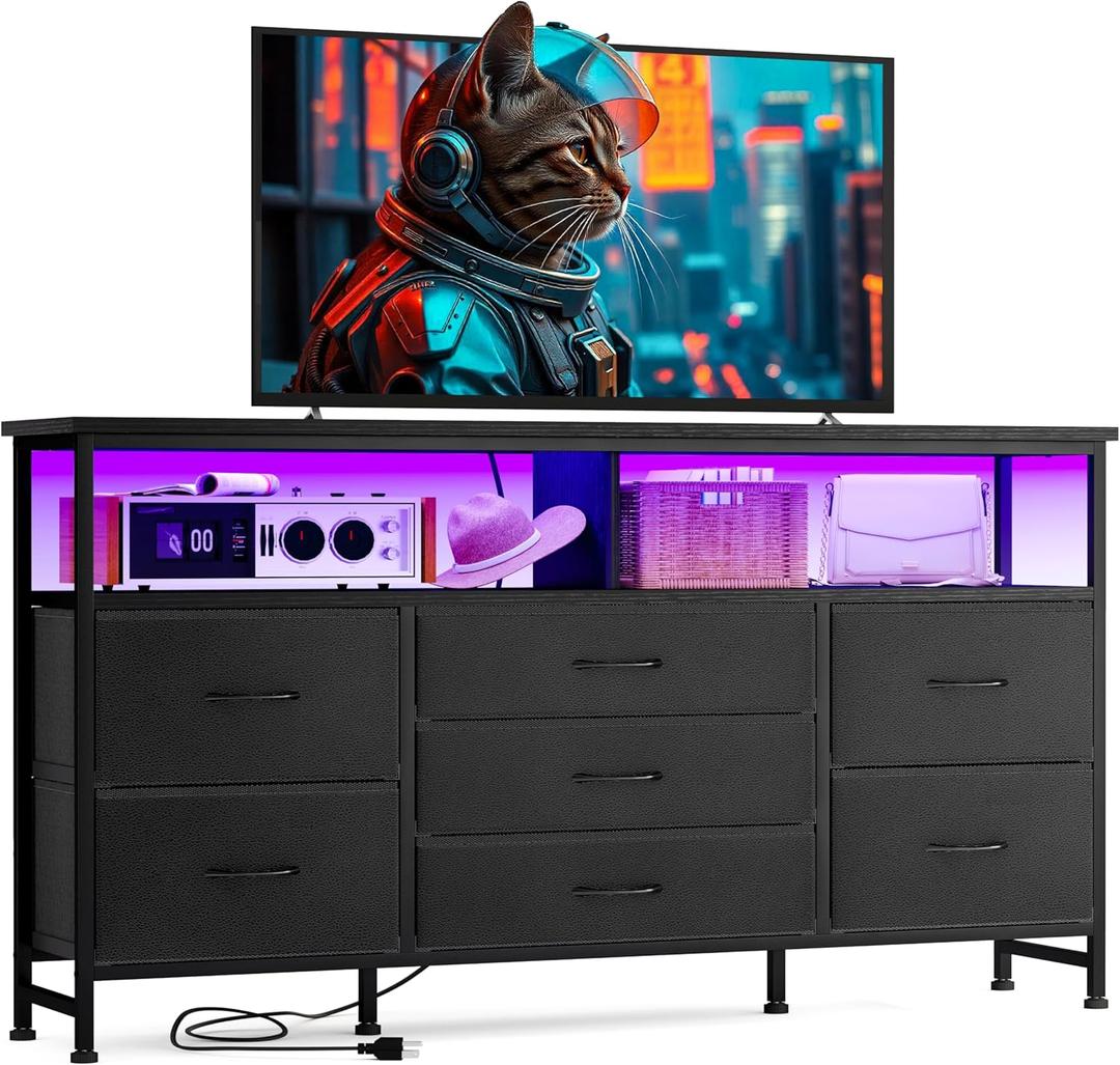 Fixwal 55 Inches Dresser TV Stand for Bedroom Black Dresser with LED Lights and Charging Station, 65-inch Long TV Stand with 7 Fabric Drawers for Bedroom, Closet