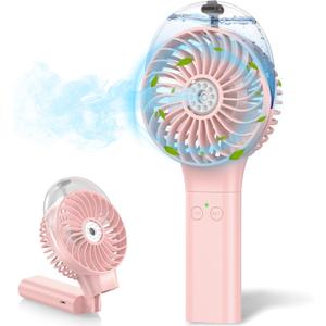 MORECORE Portable Misting Fan, 180 Foldable Handheld Personal Fan with Mist Spray, 3 Adjustable Wind Speeds, USB Rechargeable for Travel Outdoors Makeup Camping Home Office (Pink)
