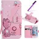 5S Case,iPhone SE Case,LEECOCO Fancy Paint Design Wallet Case with Card Slots Shockproof Colorful Floral PU Leather Flip Stand Magnetic Case Cover for iPhone 5 / 5S / SE with 1 Stylus Pen,Pink Cat