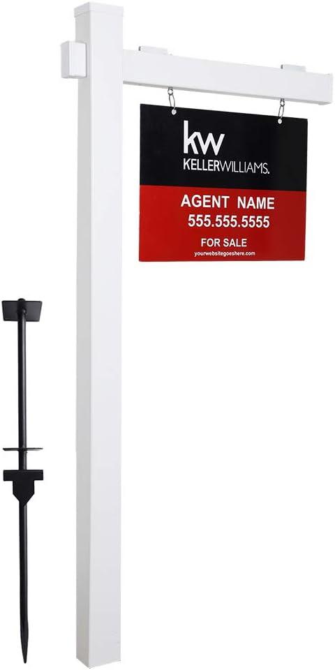 Vinyl PVC 6-Feet Real Estate Sign Post, Realtor Yard Sign Post for Open House and Home for Sale, 47" Arm Holds Up to 36" Sign, White with Flat Cap(No Sign)