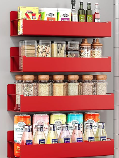 4 Pack Moveable Fridge Magnetic Spice Racks,Metal Red