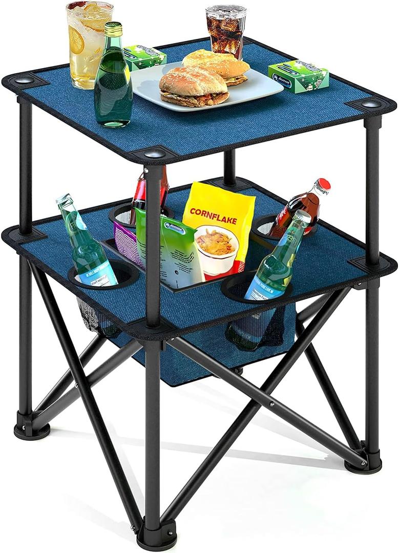 Folding Camping Table, Portable Outdoor Picnic Table, Lightweight Square Camp Table with Built-in 4 Cup Holders Food Basket and Travel Bag for Barbeque Beach Camping and Tailgate Blue, 18.9'' * 18.9'' * 23.6''
