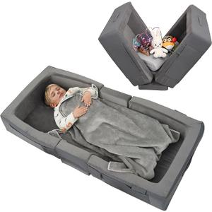 ENITYA Toddler Travel Bed – Portable Foldable Soft Foam Floor Bed for Kids 1–4yr, No Assembly, Washable Cover, Built-in Safety Rails, Compact for Travel & Home Use, Grey