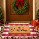 Christmas Door Mat Set, 2-Piece Layered Front Porch Welcome Mat Combo with Red White Plaid Rug and Coir Doormat, Outdoor Entryway Decor for Holiday Porch, Patio, Garden