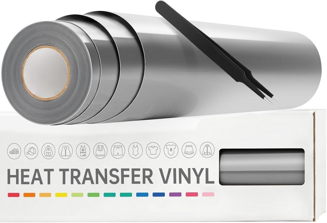 VinylRus Heat Transfer Vinyl-12 x 25FT Iron on Vinyl Roll for Shirts, HTV Vinyl for Silhouette Cameo, Easy to Cut & Weed (Silver)