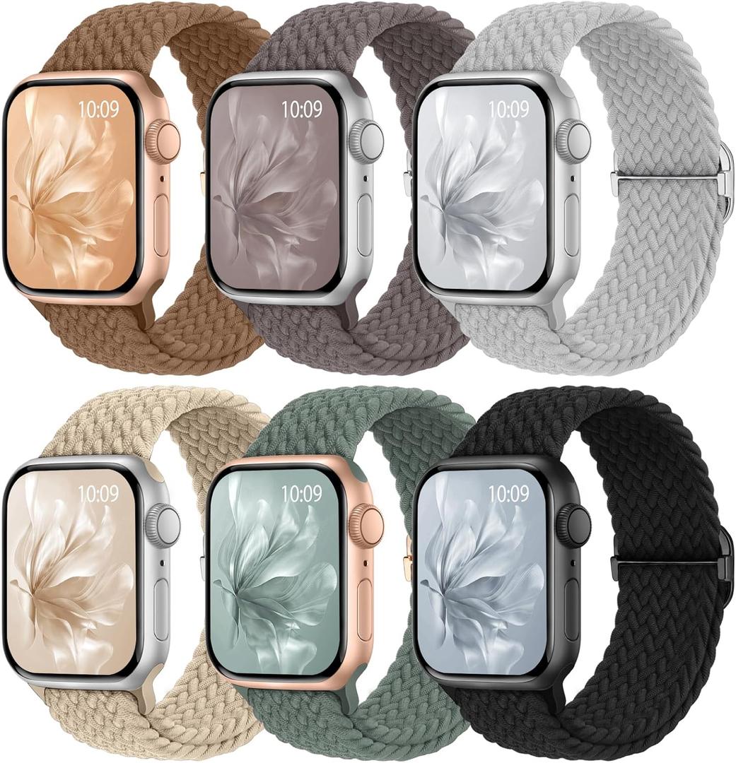6 Pack Braided Stretchy Bands Compatible with Apple Watch Band 38mm 40mm 41mm 42mm 44mm 45mm 46mm 49mm Women Men, Adjustable Nylon Solo Loop Elastic Straps for iWatch Series 11 10 9 8 7 6 5 4 SE Ultra (Clay/Brown/Black/Cactus/Beige/Titan Gray)