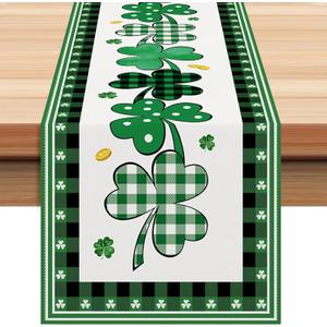 3 x St Patrick's Day Green Lucky Shamrock Clover Table Runner, 13*72 inch | Seasonal Spring Holiday Plaid Farmhouse Kitchen Dining Table Decoration for Indoor Outdoor Home Party Decor