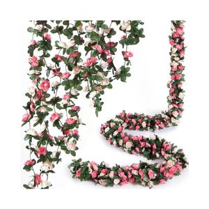 6Pcs x 8.2 ft Flower Garland Artificial Rose Vine Flowers with Green Leaves Hanging Fake Roses Vine for Room Party Home Wedding Birthday Christmas Wall Arch Decor, Spring Pink Flower