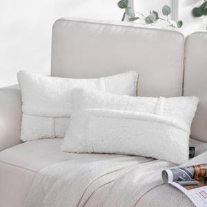 Phantoscope Pack of 2 Sherpa Solid Throw Decorative Pillow Cover Decorative Faux Fur Fluffy Cushion Cases Soft Pillow Cases for Bedroom/Couch, White 12 x 20 Inches