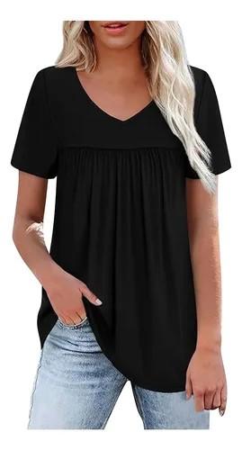 WEESO Womens T Shirts Short Sleeve Pleated Dressy Casual V Neck Summer Tops Blouses (Black, M)