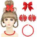 Christmas Costume Wig for Kids Girls Blonde Braided Synthetic Wig with Red Bow Hair Clip and Necklace for Halloween Christmas Celebration Party
