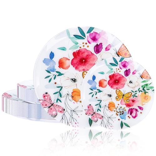 DaYammi 20Pcs Plastic Plates with Watercolor Floral-Disposable Plates Heavy duty Watercolor Floral & Butterfly Plastic Plate 10.25in Dinner plates and 7.5in Dessert plates for Party Mother's Day