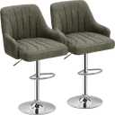 VECELO Bar Stools Set of 2, Adjustable Barstools, Counter Height Stools with Back and Arm, Kitchen Island Stools, Swivel PU Leather Chairs for Pub, Dining Room, Modern Style, Dark Grey