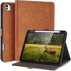 Handmade Case for iPad Pro 11 Inch (M5/M4) 2025/2024 with Pencil Holder Pocket,Magnetic Closure,Auto Sleep/Wake,Vegan Leather Folio Protective Cover,Multi Angles Stand,Brown