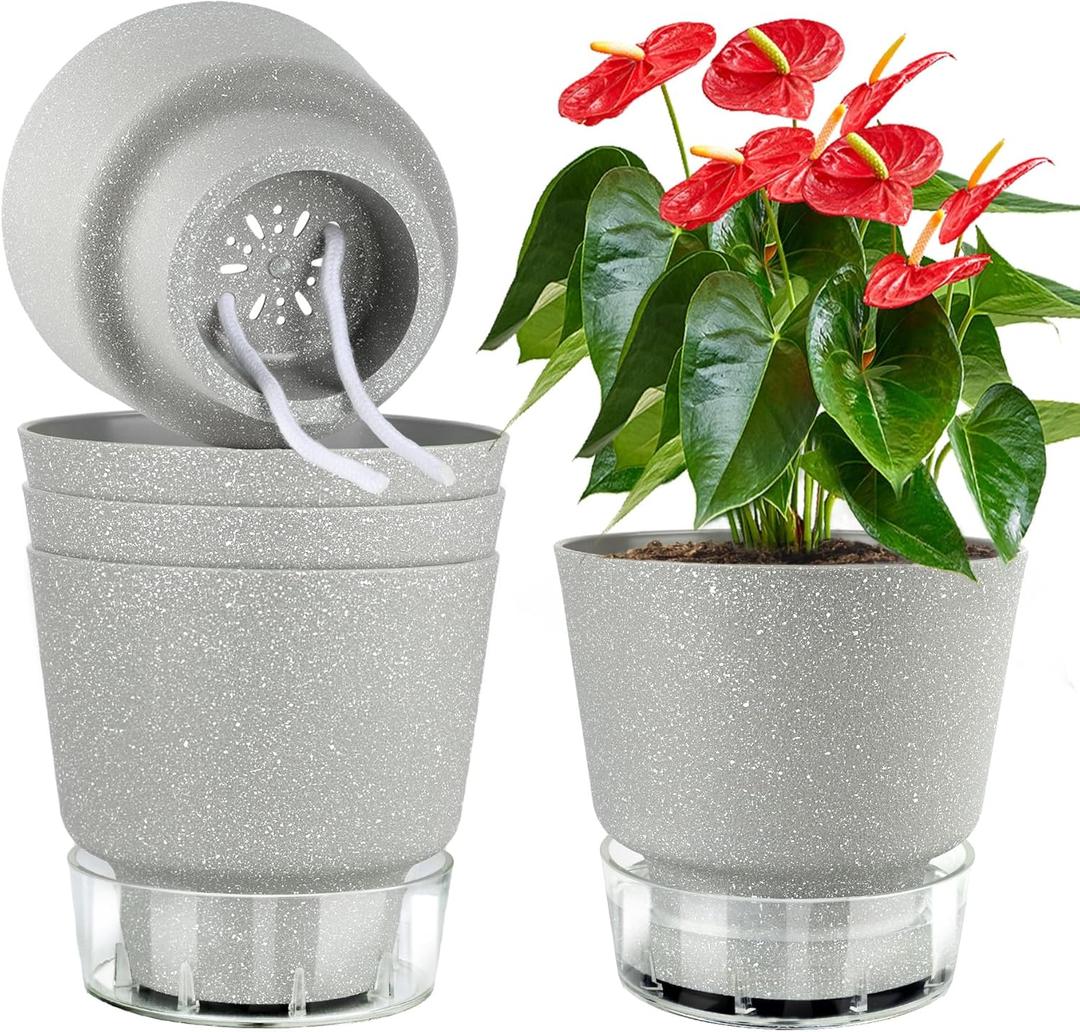Plant Pots 6 inch Self Watering Pots, 5 Pack Flower Pots Outdoor Indoor, Planters with Drainage Hole and Tray Saucer-Gray