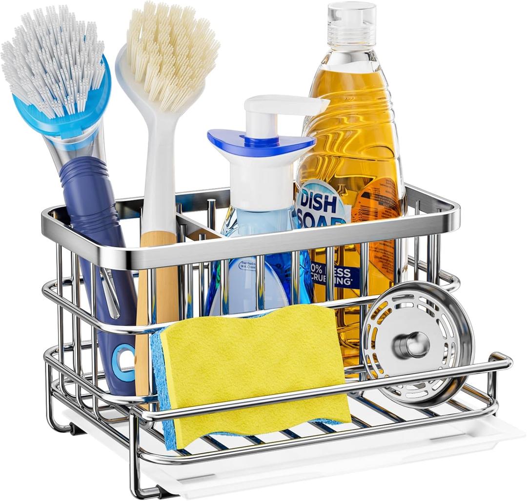 HapiRm Kitchen Sink Organizer, SUS304 Stainless Steel Rustproof Multifunctional Large Sink Caddy with Sponge Holder and Drain Tray for Kitchen Countertop (Silver)
