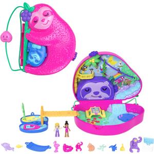 Polly Pocket Playset & Travel Toy with 2 Micro Dolls & 12 Accessories, Animal Toy, Sloth 2-in-1 Purse Compact