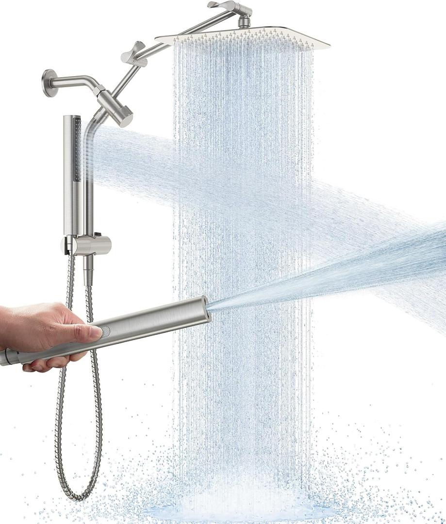 Veken All Metal 10" Brushed Nickel Shower Head with Handheld, Luxurious Square High Pressure Double Rain Shower Heads with Power-wash Hand Held, Dual Detachable Rainfall Showerhead,Bathroom Upgrade