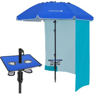 HOMEDEMO Heavy Duty High Wind Beach Umbrella with Sand Anchor,Built-in Table Tray & Tilt Pole&Hook& Curtain, UPF 50+ Windproof Portable Beach Umbrella for Patio Garden Pool Backyard (8FT, royal blue)