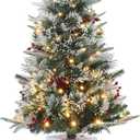 3 Ft Pre-Lit Christmas Tree, Artificial Christmas Trees with Lighting Snowman Base, Snow Flocked Xmas Trees with 70 LED Lights, Battery Operated and Timer Function, Christmas Decoration for Home