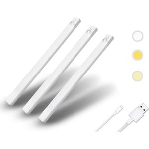 Under Cabinet Lighting 12 Inches Rechargeable Motion Sensor Light Indoor, 3 Color Dimmable Closet Light Battery Operated, USB Stick on LED Magnetic Under Counter Lights for Kitchen Stair, 3Packs