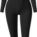 OQQ Long Sleeve Jumpsuits for Women Ribbed Long Sleeve Yoga Bell Bottoms Flare Jumpsuits (Medium, Black)