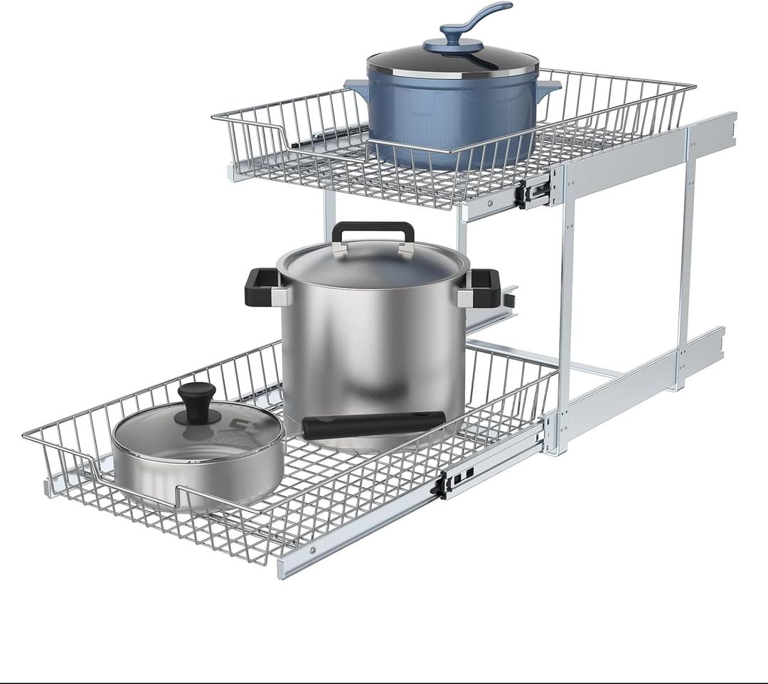 2 Tier Individual Pull Out Cabinet Organizer 14"W x 21" D, Cabinet Pull Out Shelves Slide Out Kitchen Storage Sliding Shelves for Cabinet-Organization in Kitchen, Chrome