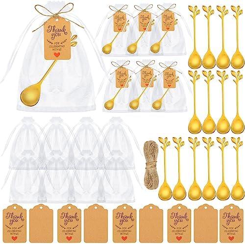 Dandat 50 Sets Tea Spoon Party Favors Gold Tea Spoons Bulk for Guest Include Mini Leaf Dessert Teaspoon Stainless Steel with Thank You Labels Organza Bags for Bridal Shower Party Wedding Souvenir Gift