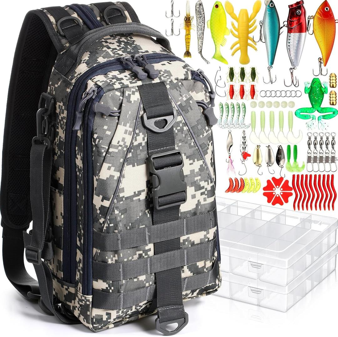 85 Pcs Fishing Backpack with Tackle Boxes, Tackle Sling Bag with Rod Holder, Fishing Lures Kit and Pliers Set for Men Women (Jungle Camouflage)